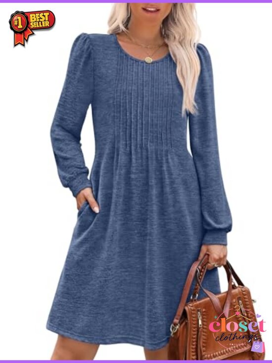 Dresses & Skirts - OFEEFAN Women's Long Sleeve Babydoll Sweater Dress Pleated Crew Neck with